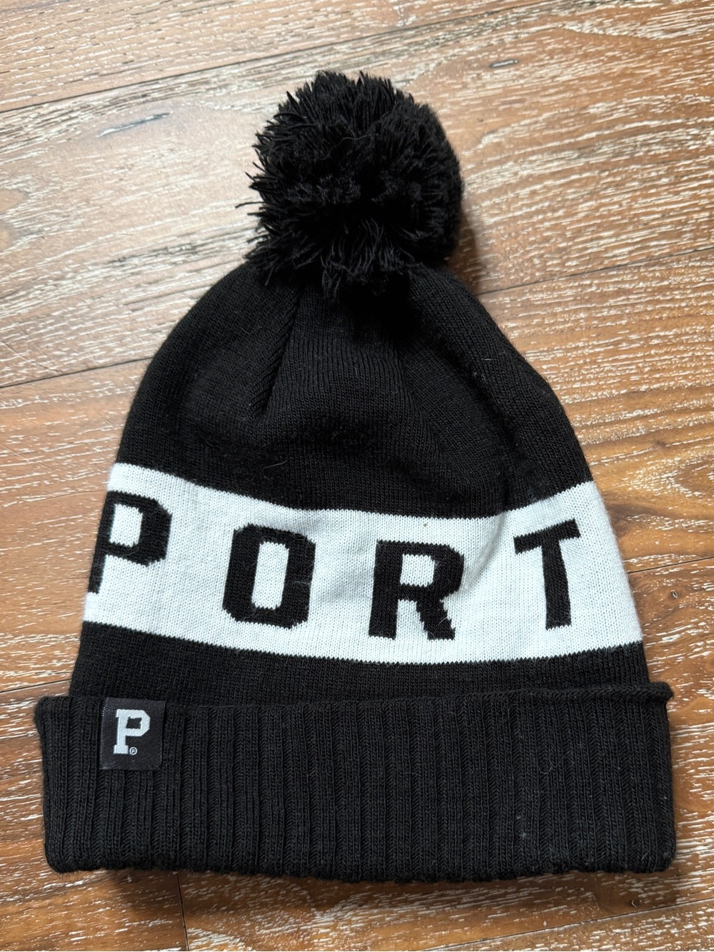 Portland Gear Black and Cream Pom Knit Cap Hat with Block “PORTLAND” graphic